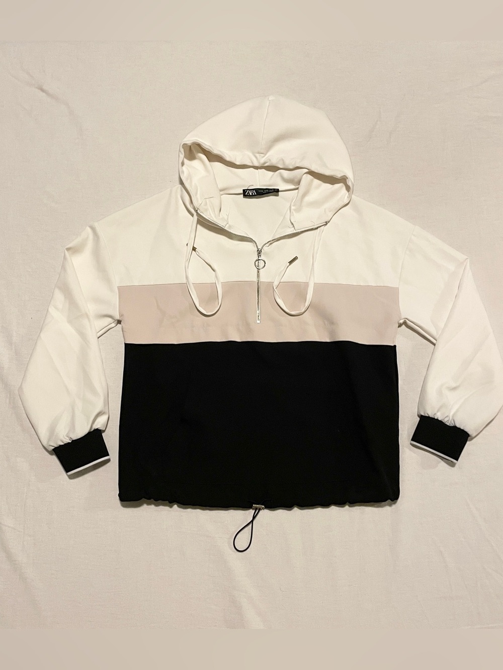 ZARA Colorblock Half-Zip Hoodie White, Beige & Black Size XS Light Jacket